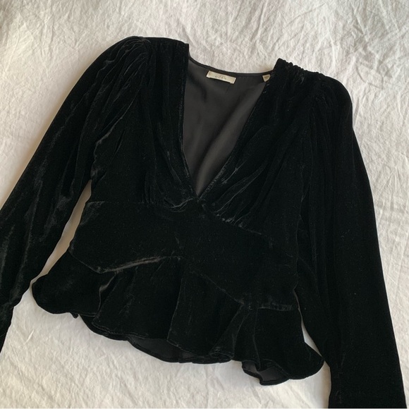 Doen Alondra Velvet V Neck Flare Peplum Long Sleeve Blouse Top Black - Picture 7 of 11